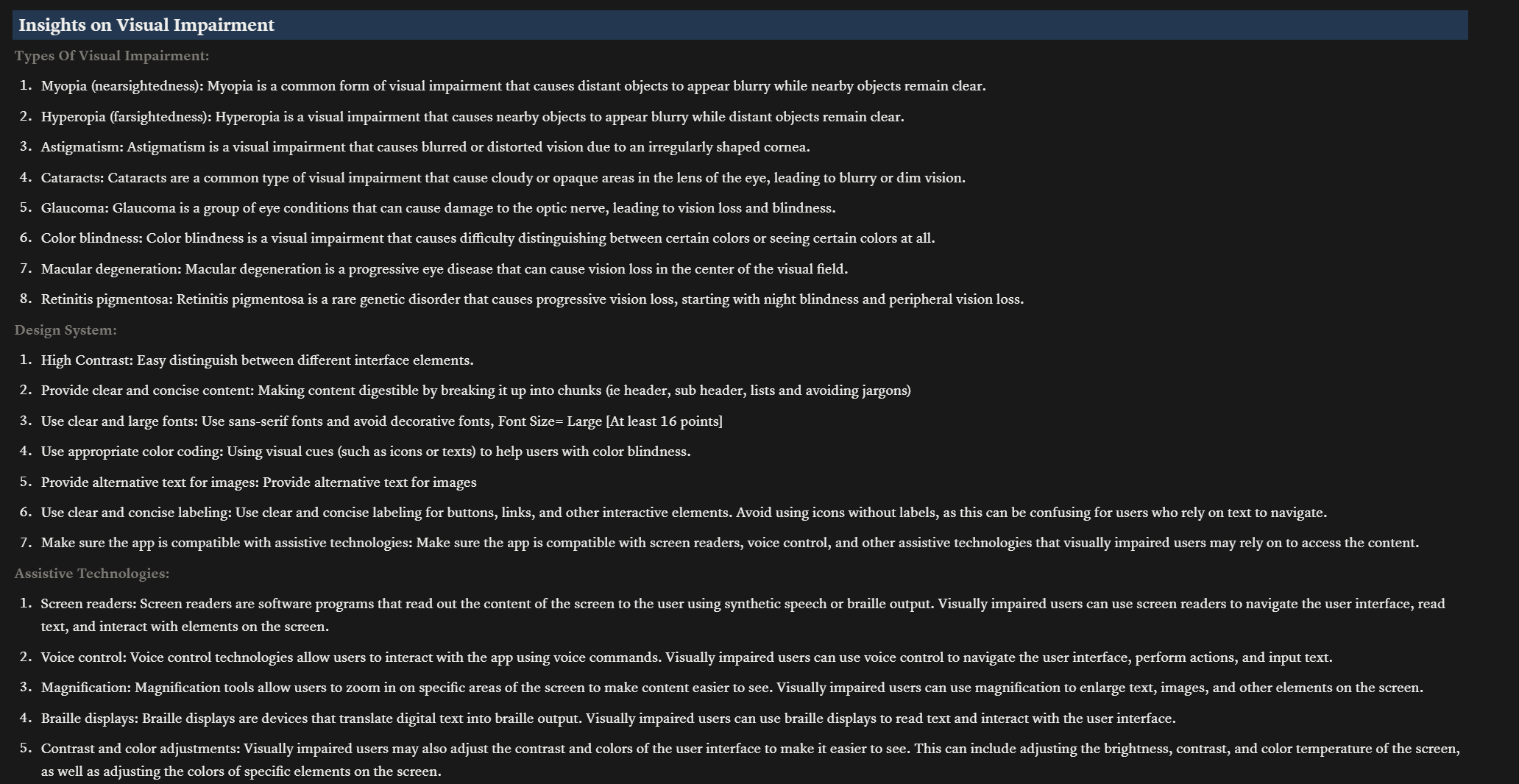 Research on types of visual impairment and required UI adaptations